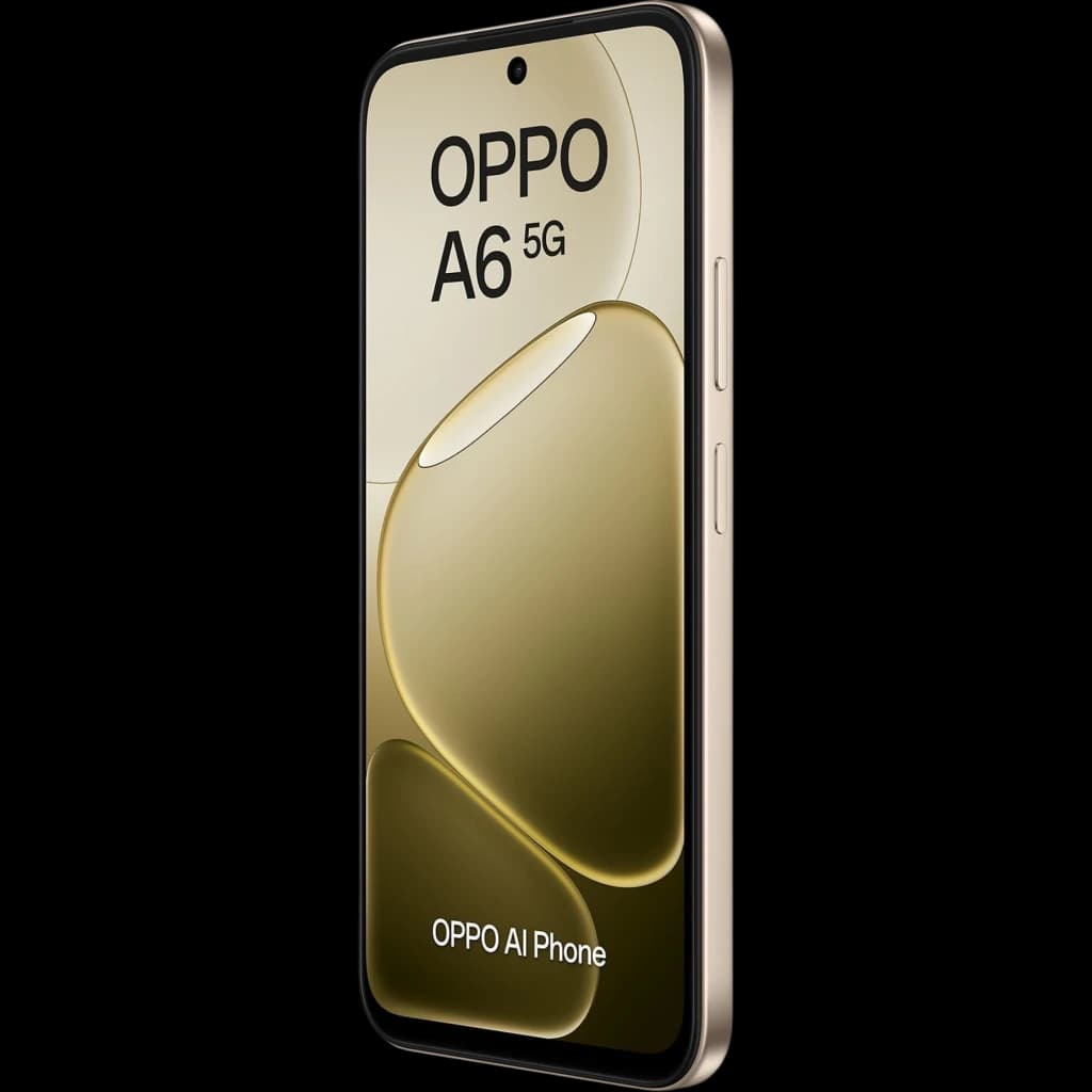 OPPO A6 5G 256 GB Aurora Gold con pantalla perforada, bordes dorados, cámara frontal centrada y botones laterales; diseño elegante y resistente IP68