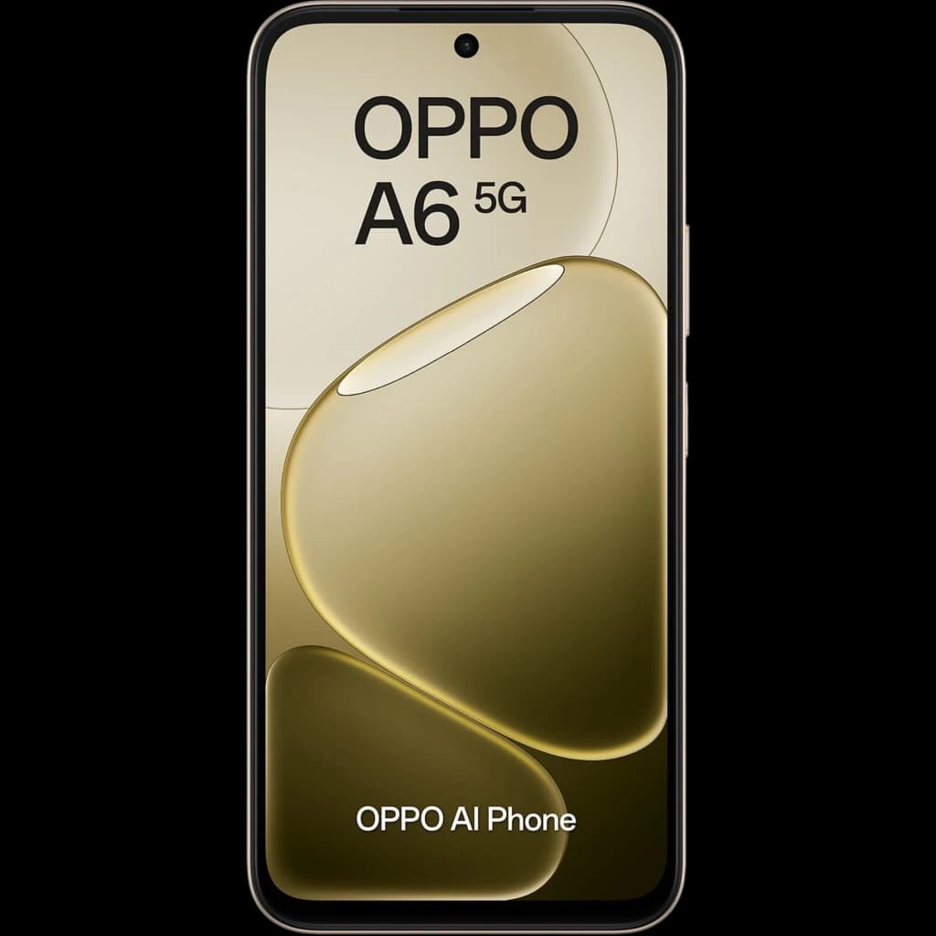OPPO A6 5G 256 GB Aurora Gold, frontal con pantalla completa y biseles finos, cámara frontal en orificio central, tono dorado elegante, texto OPPO AI Phone.
