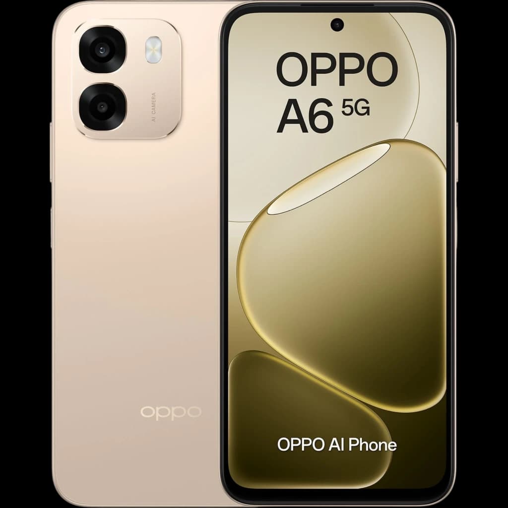 OPPO A6 5G 256 GB Aurora Gold, pantalla amplia con biseles finos, doble cámara trasera con anillos destacados, frontal con agujero para la cámara, diseño elegante