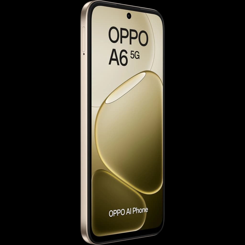 Smartphone OPPO A6 5G en color Aurora Gold con pantalla borde a borde, cámara frontal en orificio centrado y marco metálico delgado elegante IP68