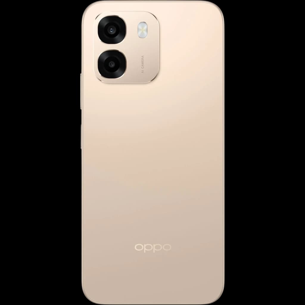OPPO A6 5G 256 GB Aurora Gold 6 GB IP68 con tapa trasera dorada mate, doble cámara vertical con flash en módulo rectangular y logotipo OPPO inferior