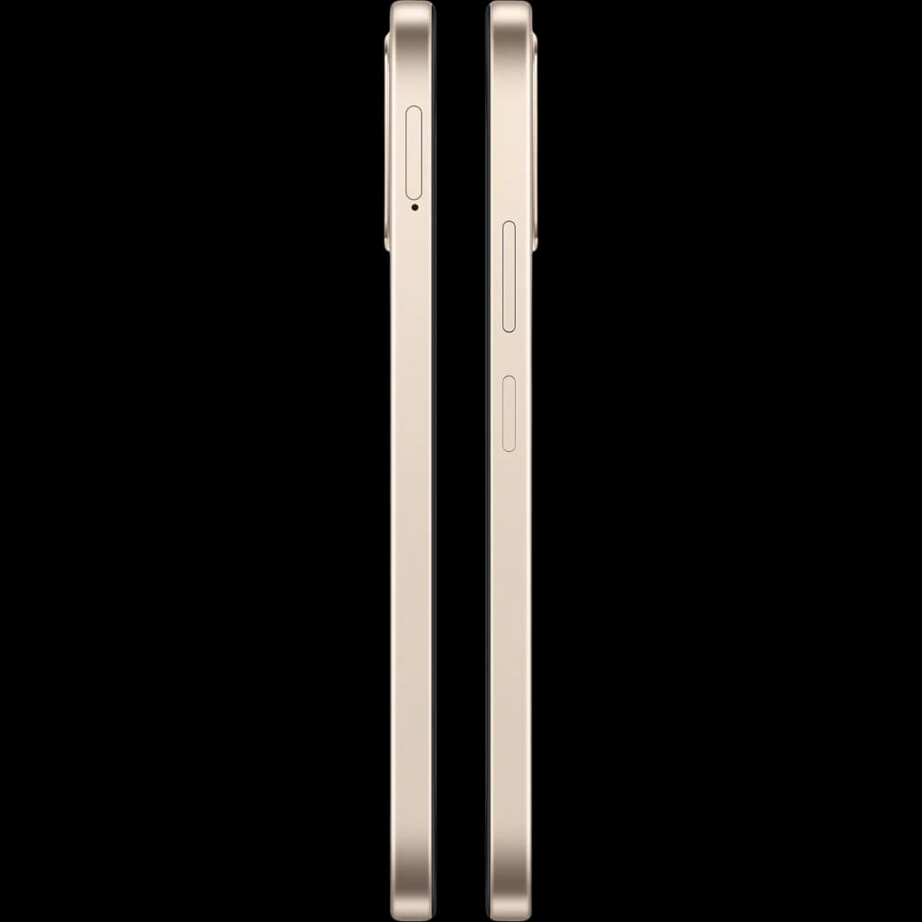 Bordes laterales dorados Aurora Gold con marcos planos, botones de volumen y encendido visibles, diseño delgado y acabado metálico del OPPO A6 5G 256 GB 6 GB