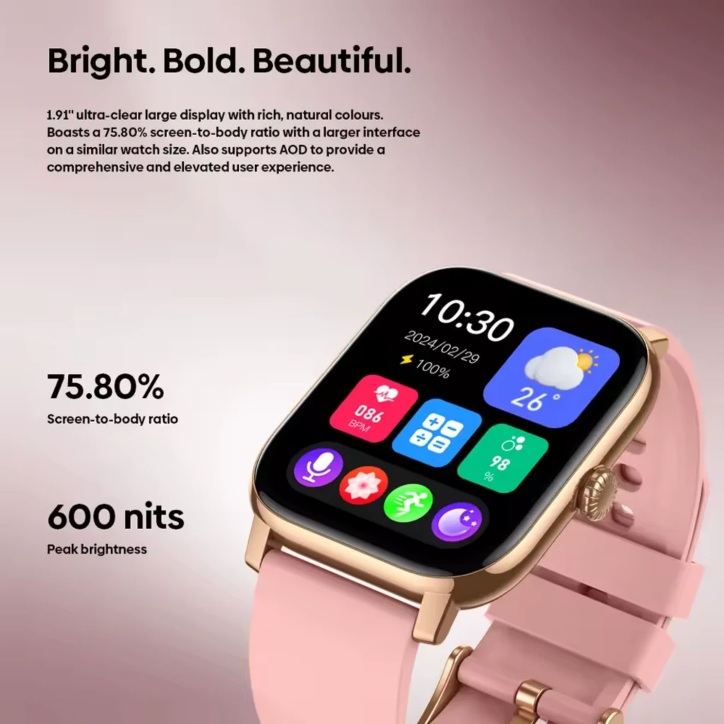 Relógio inteligente dourado com caixa retangular, ecrã AMOLED 1,43 pol, mostrador preto com contadores, coroa lateral e bracelete rosa suave IP68 - Item4