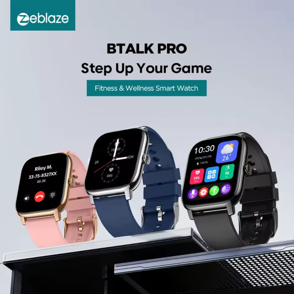 Relógio inteligente dourado com caixa retangular, ecrã AMOLED 1,43 pol, mostrador preto com contadores, coroa lateral e bracelete rosa suave IP68 - Item1