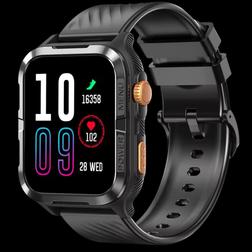 Blackview W10 Pro Smartwatch preto com caixa retangular, tela colorida grande, botões laterais dourado e laranja, pulseira silicone, mostrador fitness IP68
