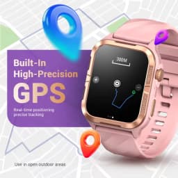 Blackview W10 Pro Smartwatch rosa com moldura dourada, tela quadrada, pulseira silicone, GPS de alta precisão, botões laterais e resistência IP68