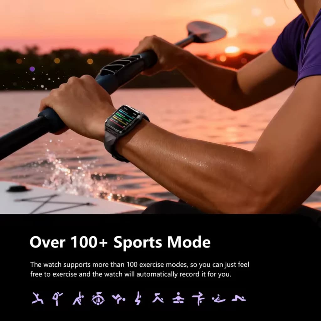 Blackview W10 Pro Smartwatch rosa com tela retangular, mostrador esportivo colorido, pulseira silicone, resistente IP68, até 11 dias de bateria, 100+ modos