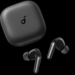 Fones Soundcore P31i pretos com estojo compacto, hastes brilhantes e auriculares intra auriculares. Design elegante, acabamento fosco no case.