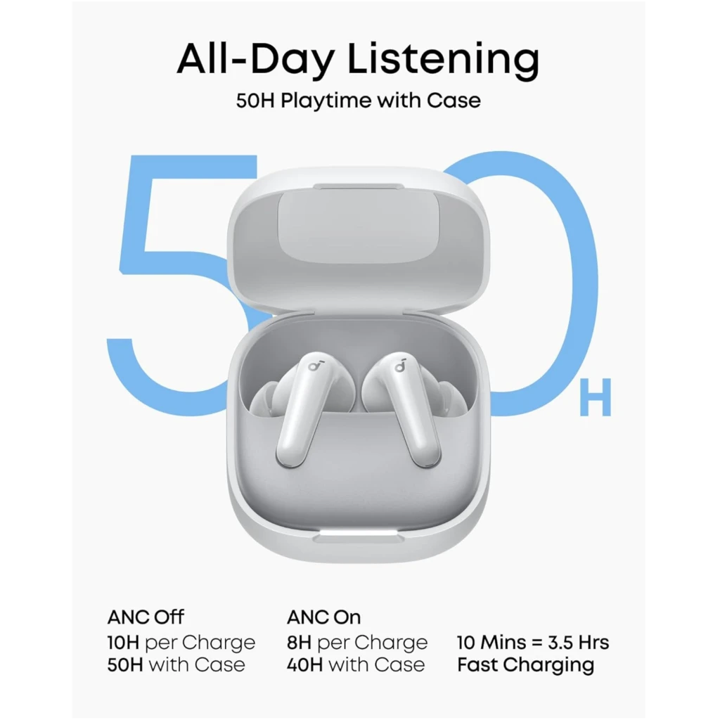Fones Soundcore P31i pretos com estojo compacto, hastes brilhantes e auriculares intra auriculares. Design elegante, acabamento fosco no case. - Item1
