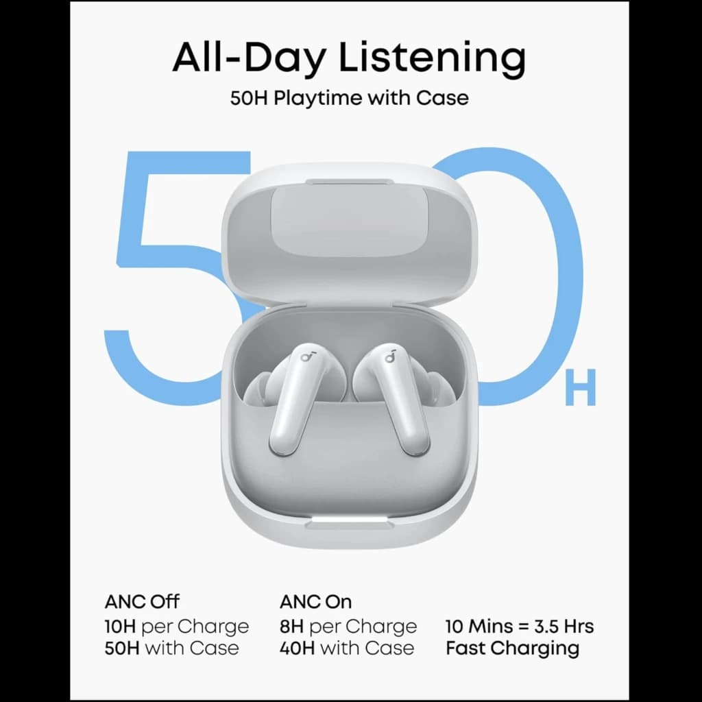 Estojo e earbuds pretos Soundcore P31i com hastes curtas, formato intra-auricular, estojo compacto com tampa articulada e indicador frontal discreto