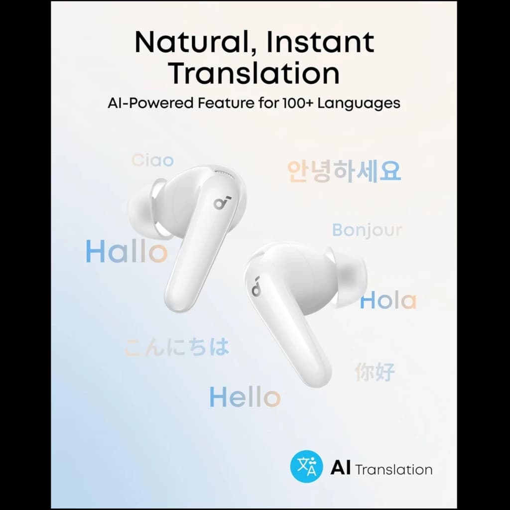 Fones Soundcore P31i pretos com hastes alongadas, design intra-auricular, acabamento liso e logotipo lateral; estojo de carregamento compacto combinando