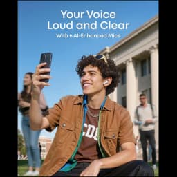 Auricular Soundcore P31i preto com hastes curtas, design intra-auricular, microfones visíveis e estojo compacto; estilo moderno para chamadas claras