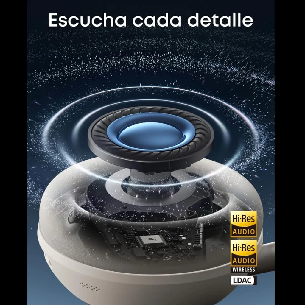 Driver exposto com diafragma azul do fone Soundcore Space 2, mostrando camadas internas e partículas sonoras; selos Hi-Res Audio e LDAC em destaque.