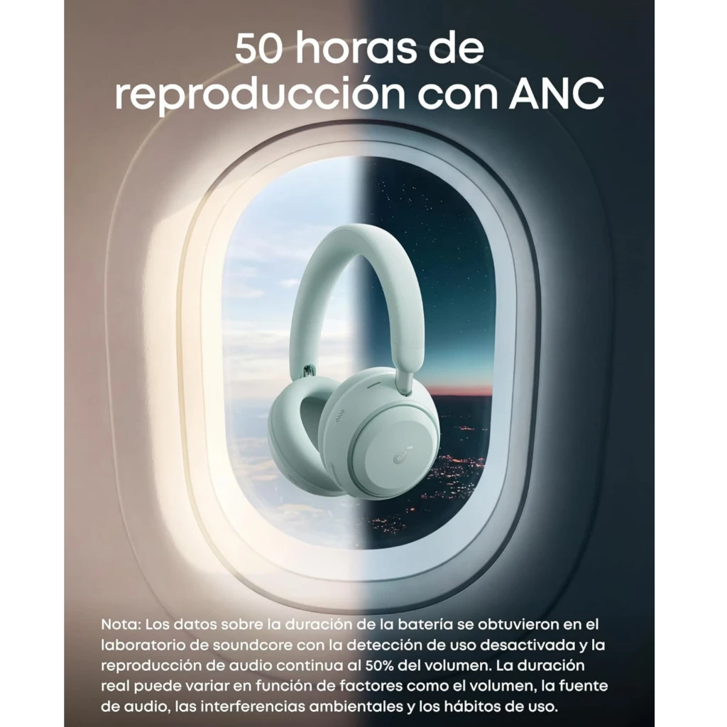Fones Soundcore Space 2 Bluetooth ANC Hi‑Res, cor verde Seafoam, design over‑ear acolchoado, conchas circulares com logo, acabamento fosco elegante - Item4