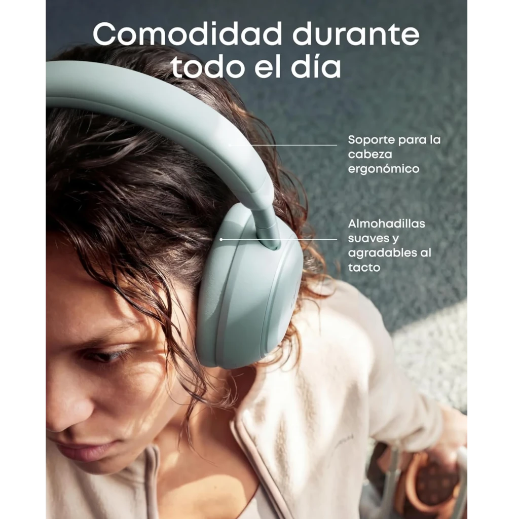 Fones Soundcore Space 2 Bluetooth ANC Hi‑Res, cor verde Seafoam, design over‑ear acolchoado, conchas circulares com logo, acabamento fosco elegante - Item2