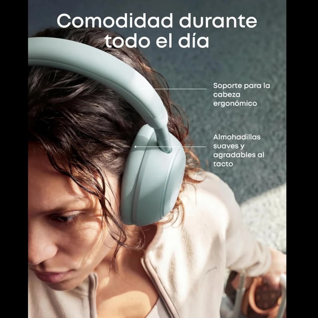 Soundcore Space 2 Bluetooth ANC Hi-Res 70 h Verde Seafoam com arco ergonômico e almofadas macias; design over-ear moderno e acabamento fosco elegante