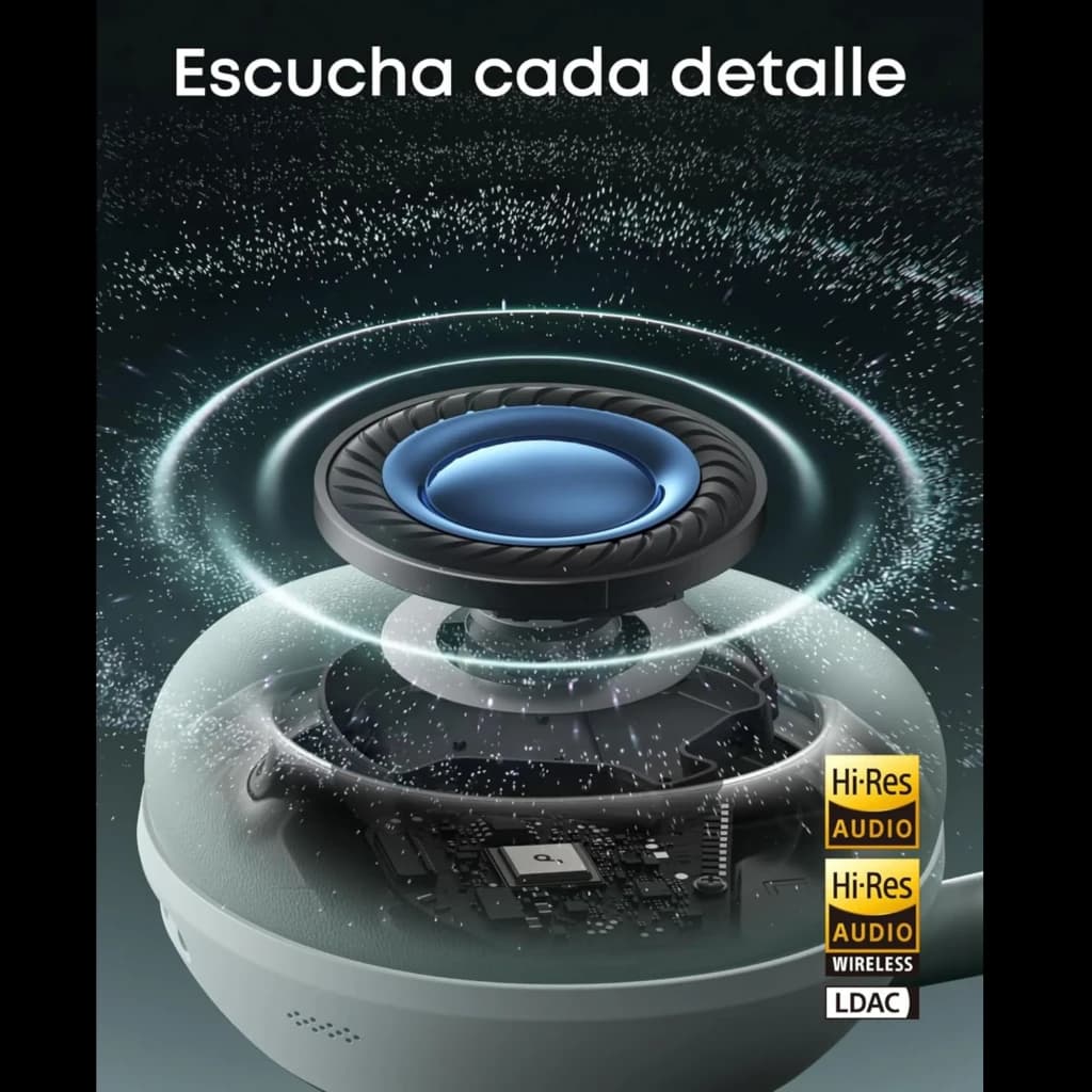 Soundcore Space 2 Bluetooth ANC Hi-Res 70 h Verde Seafoam com driver exposto, diafragma azul flutuante e placa interna visível com selos Hi-Res e LDAC
