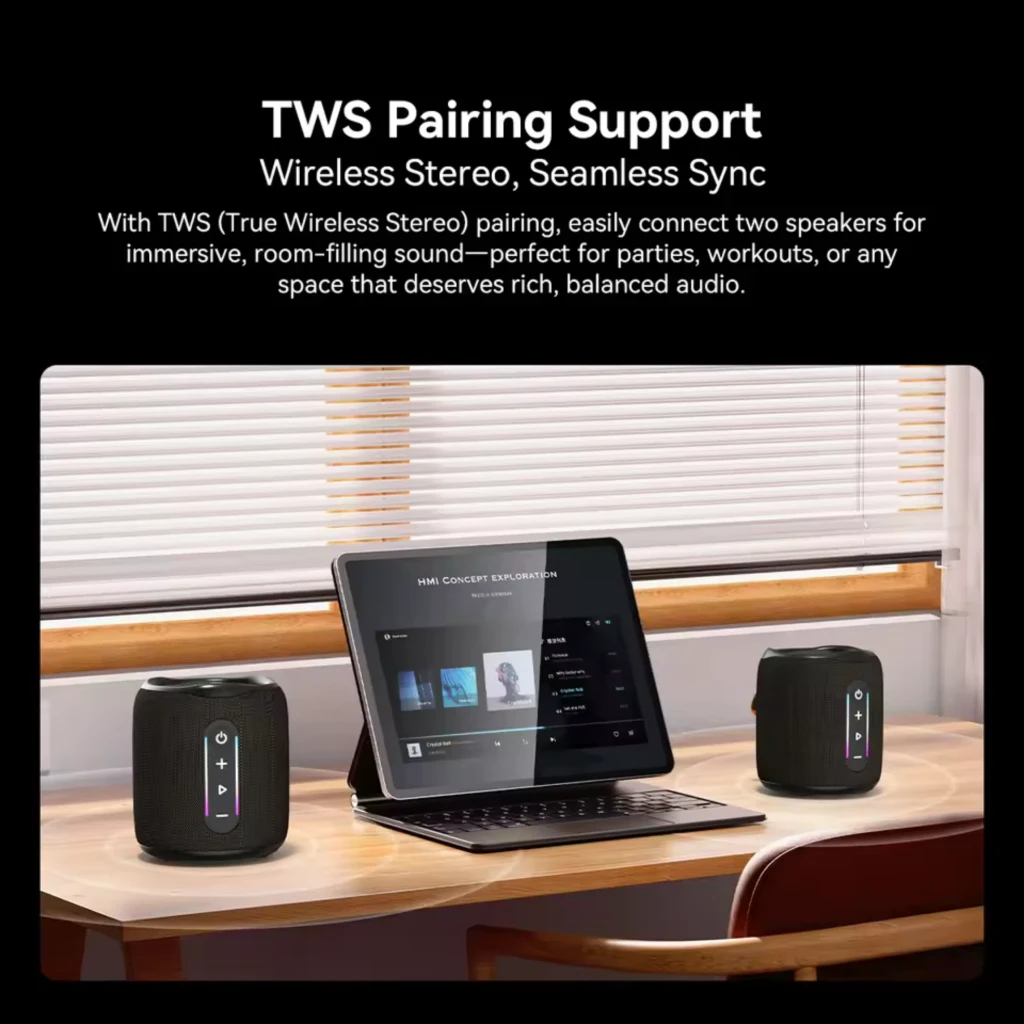 Blackview AuraBass 2 enceinte compacte noire 10 W avec tissu maillé, panneau tactile central avec LED RVB verticales, boutons plus lecture et alimentation - Ítem2