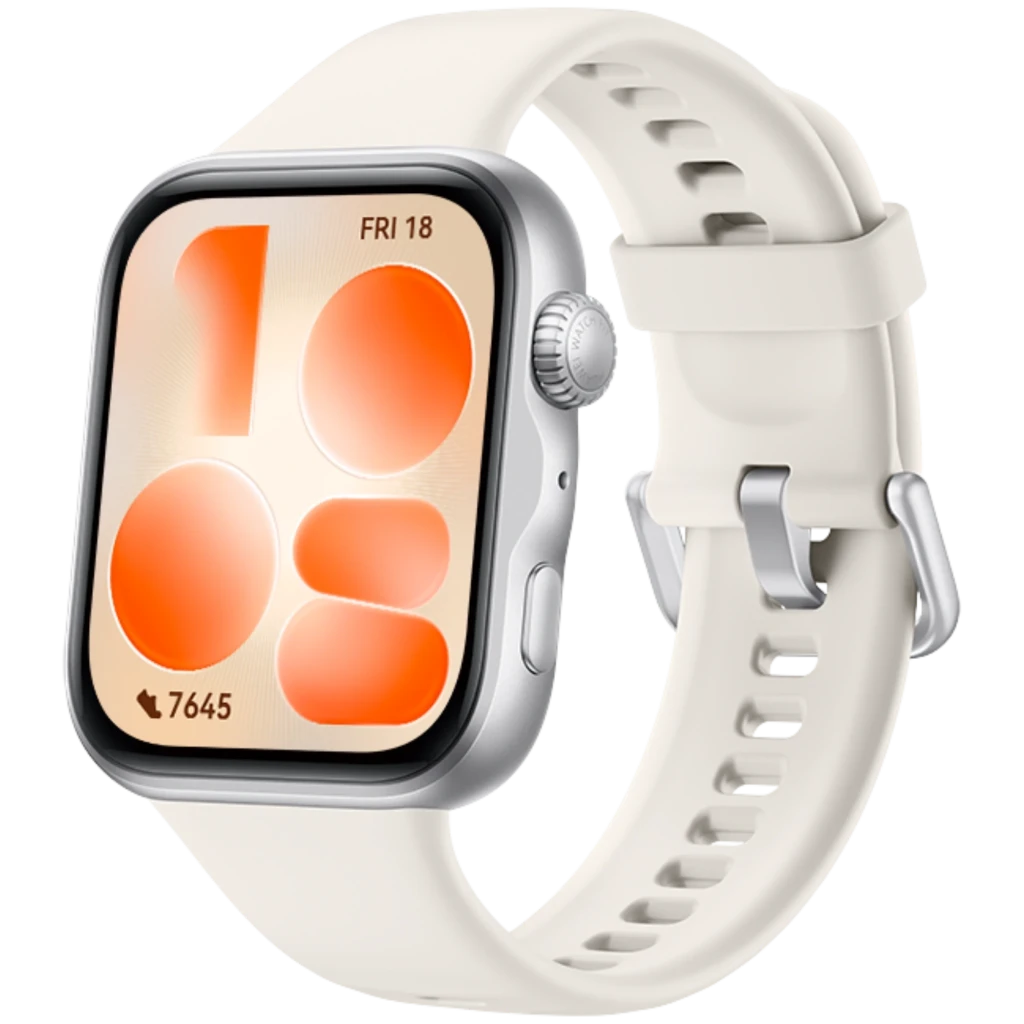 Huawei Watch Fit 5 branco com ecrã AMOLED 1,82 polegadas, caixa prateada, mostrador laranja, pulseira silicone ajustável e fecho metálico 5 ATM - Item4