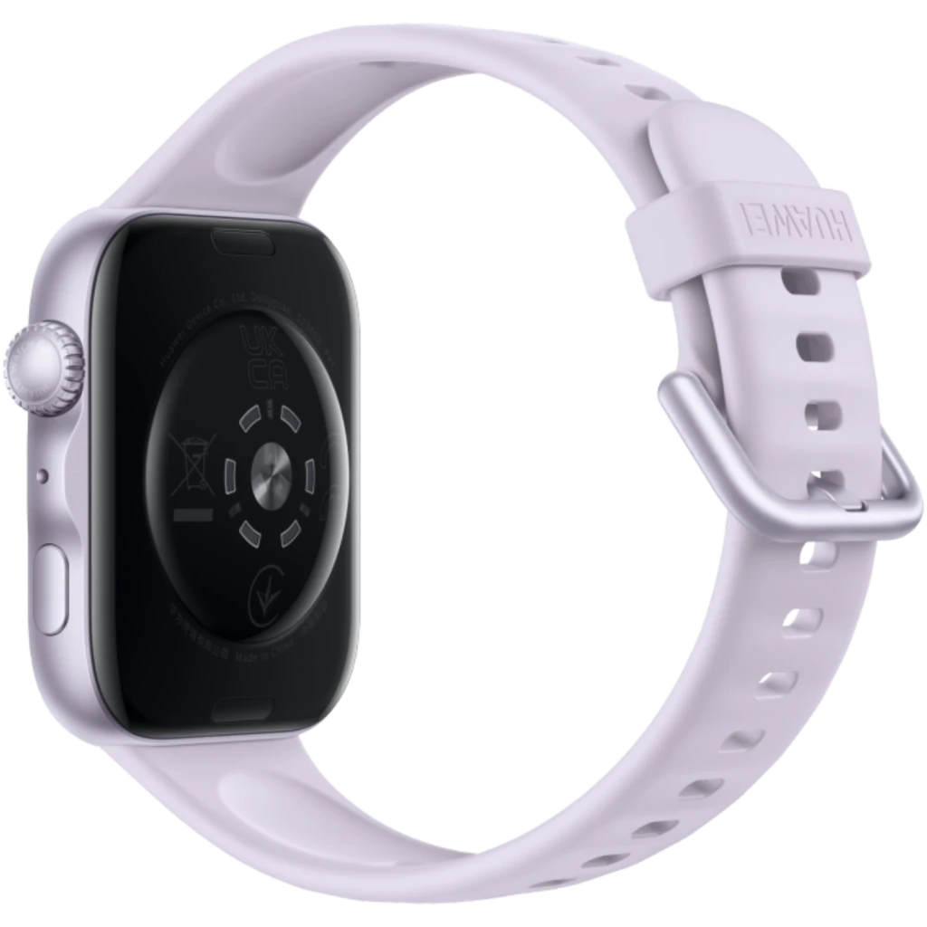 Huawei Watch Fit 5 roxo com ecrã AMOLED 1,82 pol, caixa prateada e pulseira de silicone, mostrador roxo, botão lateral e fecho metálico ajustável - Item4