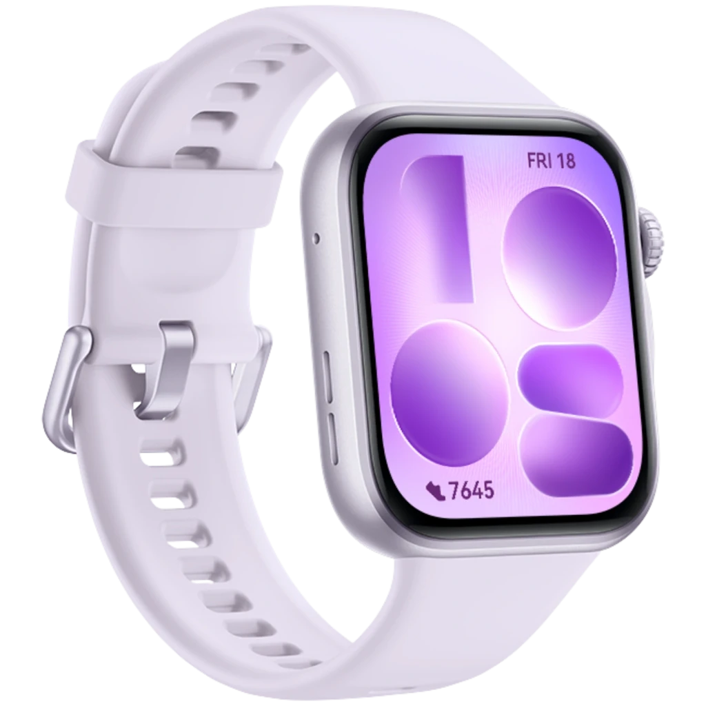 Huawei Watch Fit 5 roxo com ecrã AMOLED 1,82 pol, caixa prateada e pulseira de silicone, mostrador roxo, botão lateral e fecho metálico ajustável - Item5