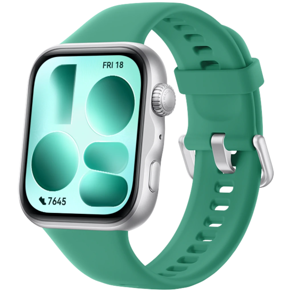 Huawei Watch Fit 5 verde com caixa prateada, ecrã AMOLED 1,82 retangular, pulseira silicone com fecho metálico e múltiplos furos de ajuste - Item1