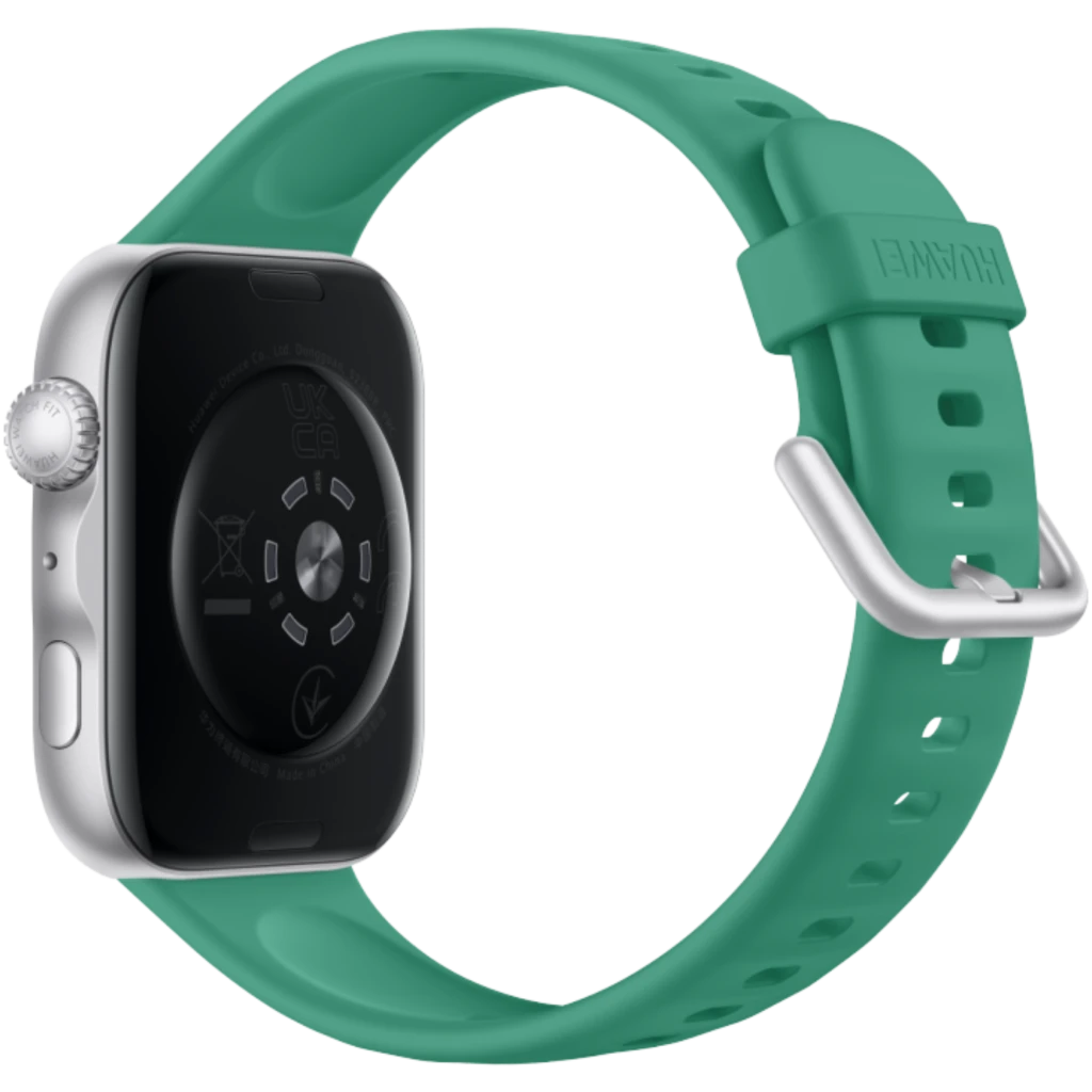 Huawei Watch Fit 5 verde com caixa prateada, ecrã AMOLED 1,82 retangular, pulseira silicone com fecho metálico e múltiplos furos de ajuste - Item3
