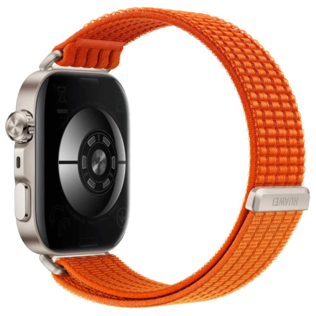 Huawei Watch Fit 5 Pro con pantalla AMOLED 1,92 pulgadas, caja plateada, corona lateral, correa textil naranja resistente y bordes naranjas - Ítem2