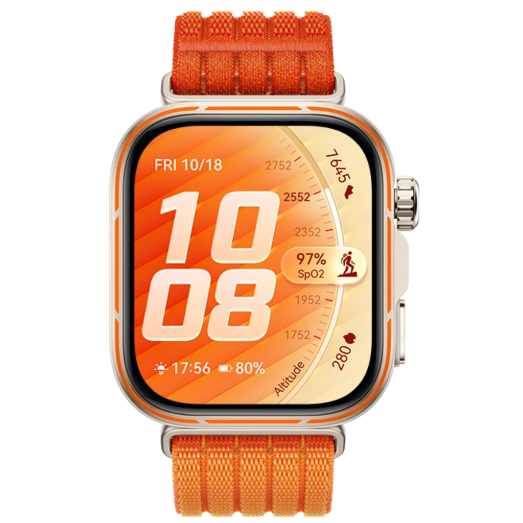 Huawei Watch Fit 5 Pro con pantalla AMOLED 1,92 pulgadas, caja plateada, corona lateral, correa textil naranja resistente y bordes naranjas - Ítem1