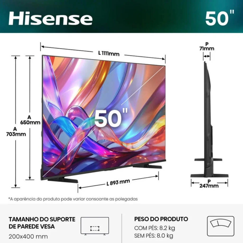 Hisense 50E7S Smart TV QLED 50 4K preta com bordas finas, tela ampla e cores vibrantes; logos de Dolby Vision Atmos, AI 4K Upscaler e AI Smooth Motion na base - Item5