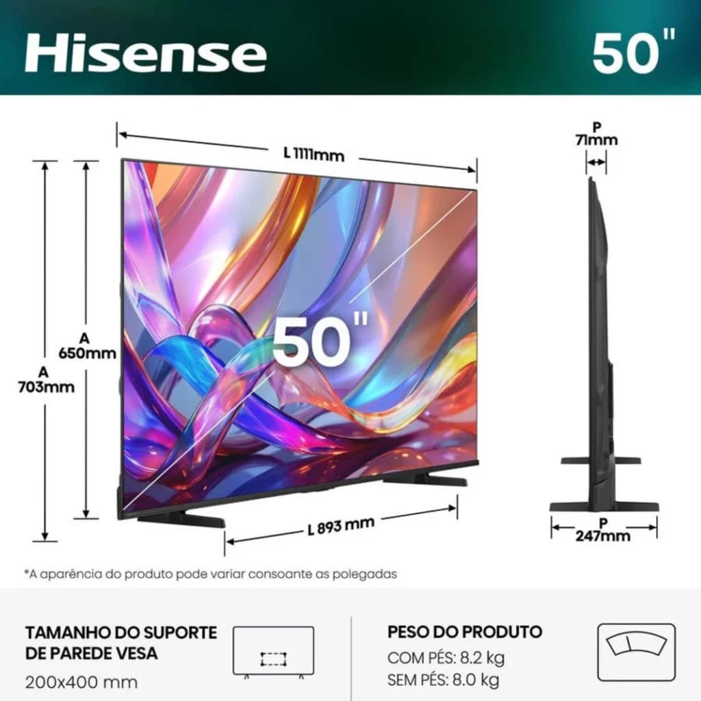 Téléviseur Hisense 50 pouces QLED 4K noir, écran fin sans bord, couleurs vives, design mince, pied double, compatible support mural VESA 200x400