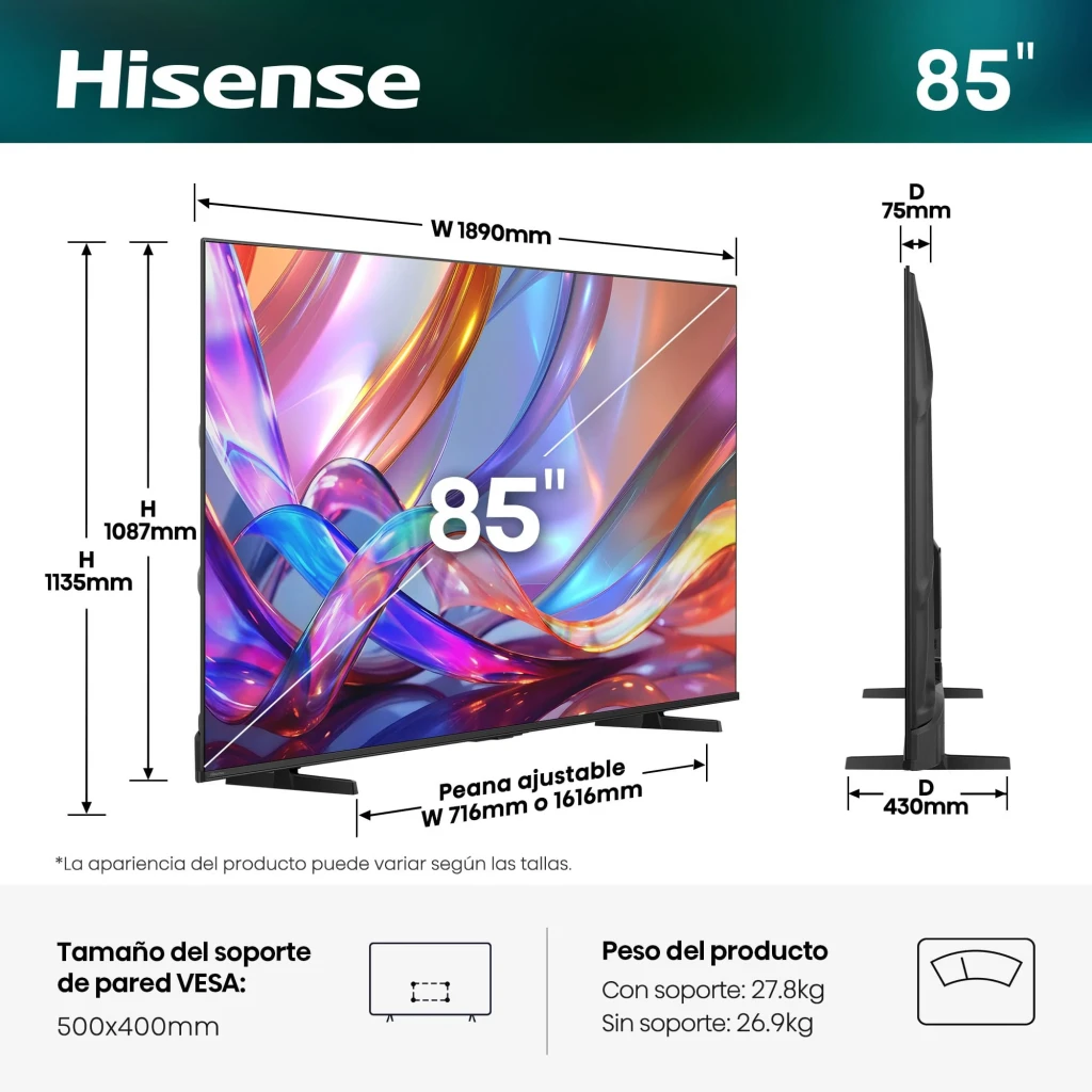Hisense 85E7S Smart TV QLED 85 4K preta com moldura fina, pés duplos, tela sem bordas aparentes, selo FIFA, ícones Dolby Vision Atmos, AI 4K Upscaler e - Item5