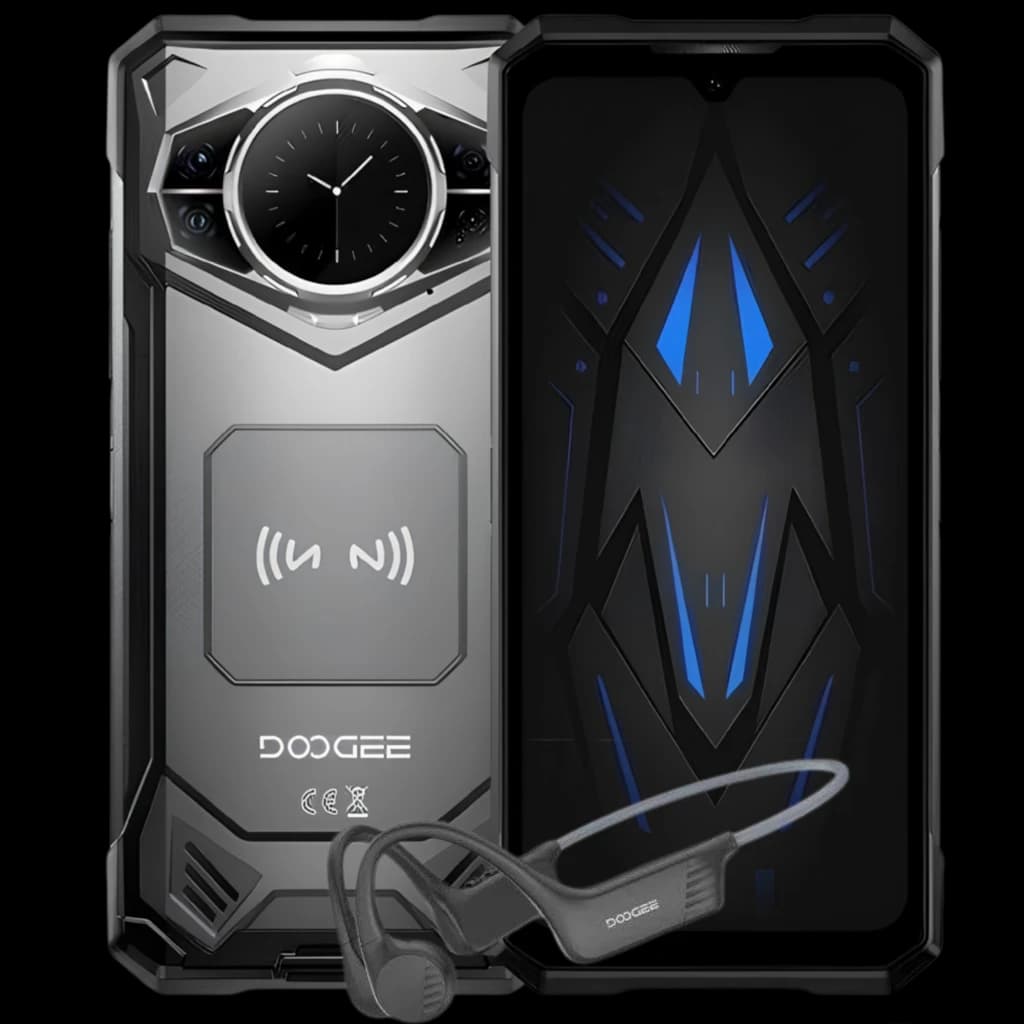 Doogee S200 12GB/256GB VIP version Rugged Plata con diseño robusto plateado, cargador inalámbrico trasero, pantalla negra con acentos azules y auriculares