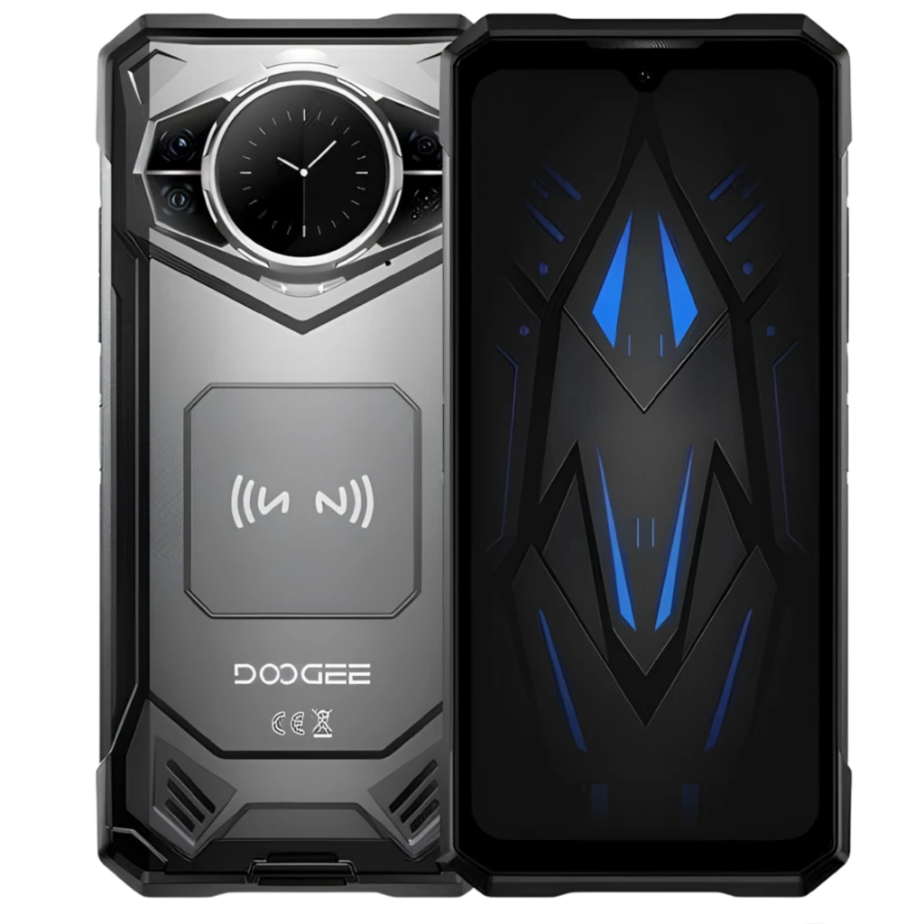 Doogee S200 12GB/256GB VIP version Rugged Plata con diseño robusto plateado, cargador inalámbrico trasero, pantalla negra con acentos azules y auriculares - Ítem5