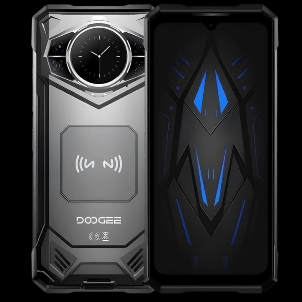 Doogee S200 12GB/256GB VIP version Rugged Plata con diseño robusto, módulo circular tipo reloj, carga inalámbrica trasera y pantalla negra con acentos azules