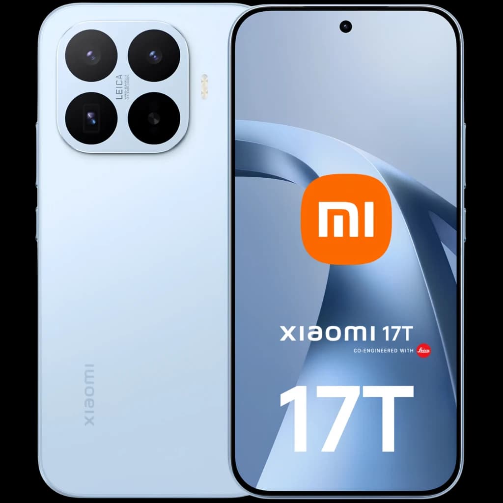 Xiaomi 17T 5G azul con pantalla sin bordes y cámara trasera cuádruple en módulo cuadrado Leica; acabado mate y frontal con agujero central para la cámara