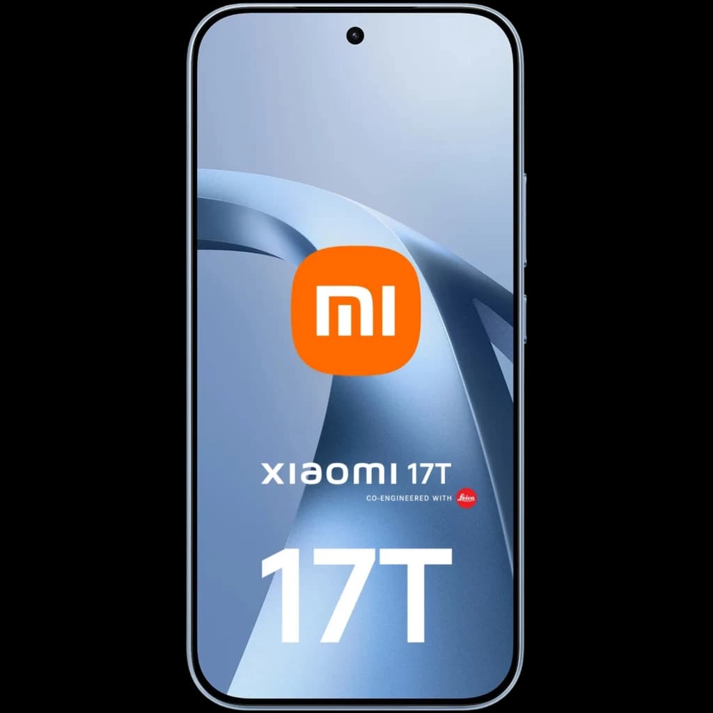 Xiaomi 17T 5G azul con pantalla casi sin bordes y cámara frontal en orificio central; diseño moderno y simétrico, logotipo MI destacado en la pantalla
