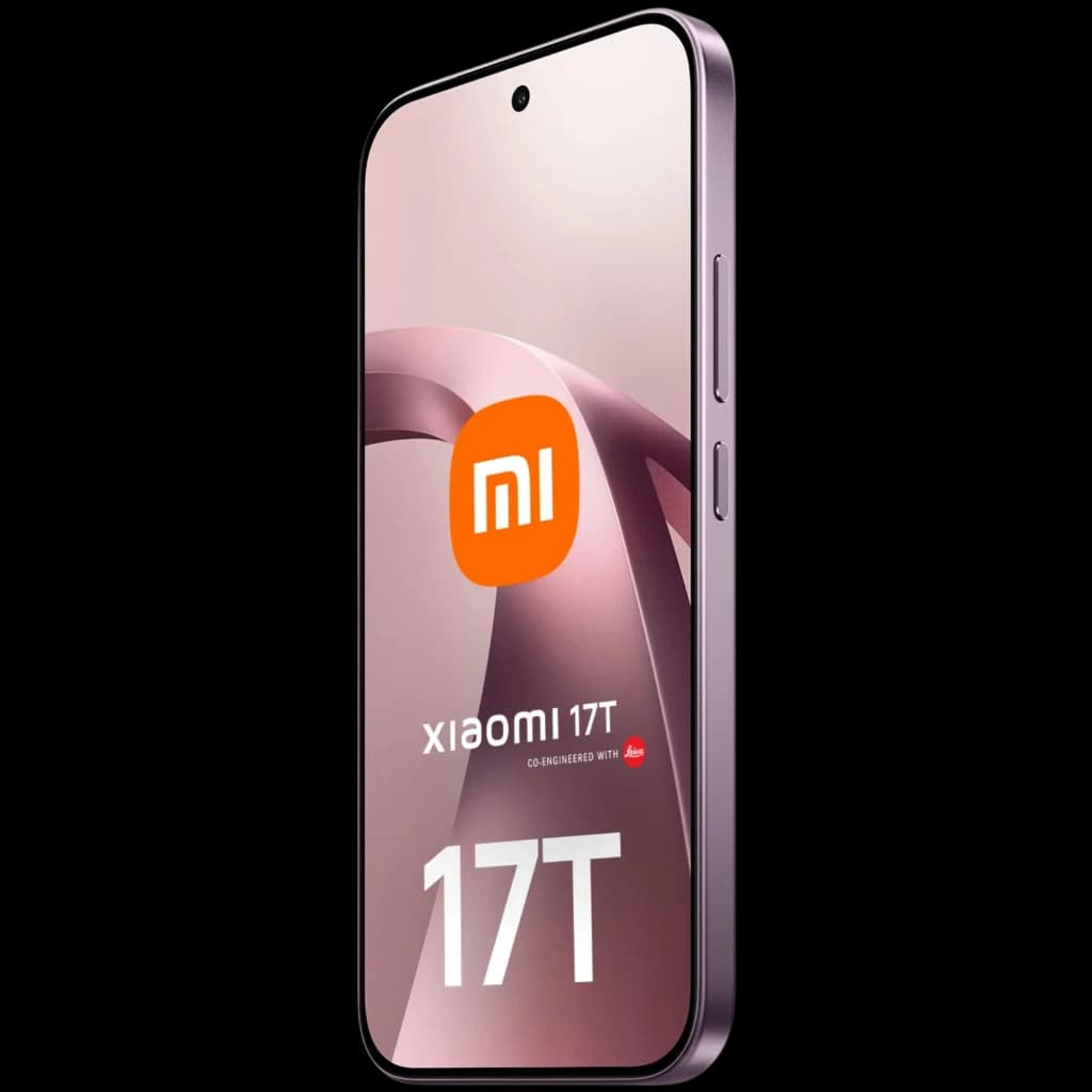 Xiaomi 17T 5G violeta con pantalla amplia perforada central, marcos delgados y botones laterales; logo MI y texto 17T en display, acabado metálico elegante