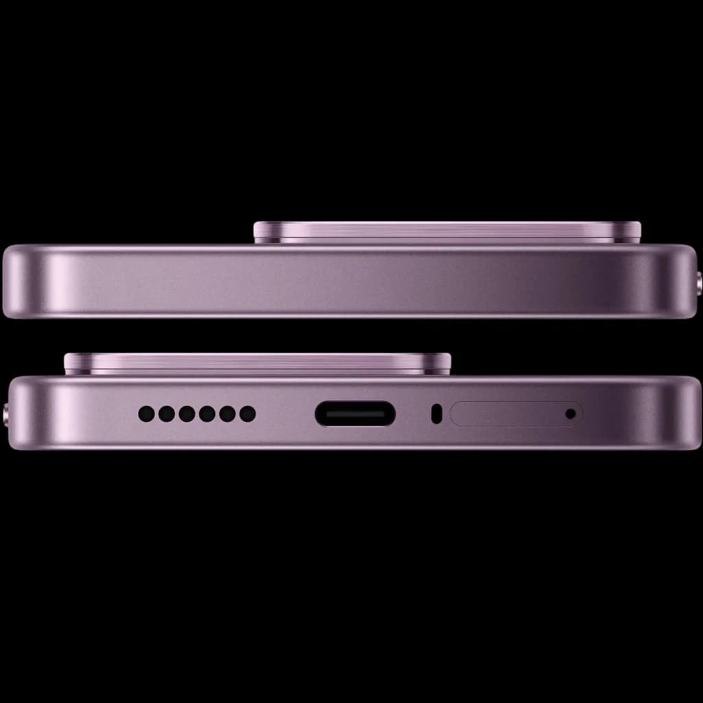 Xiaomi 17T 5G violeta, bordes planos metálicos, módulo de cámara saliente, puerto USB‑C, rejilla de altavoz y bandeja SIM visibles en los cantos