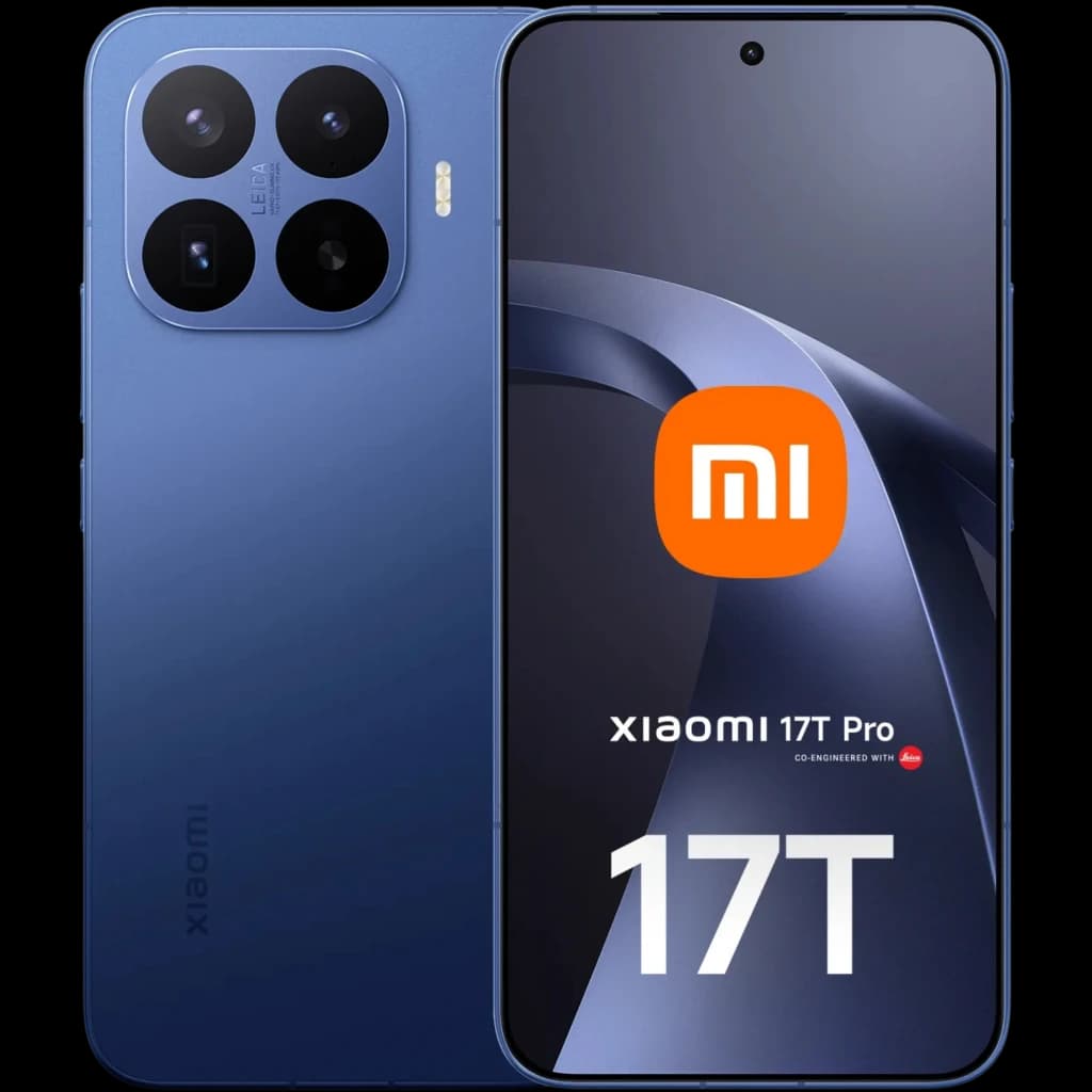 Xiaomi 17T Pro 5G azul con triple cámara trasera grande y flash, pantalla AMOLED 6,83 pulgadas con biseles finos, acabado metálico elegante