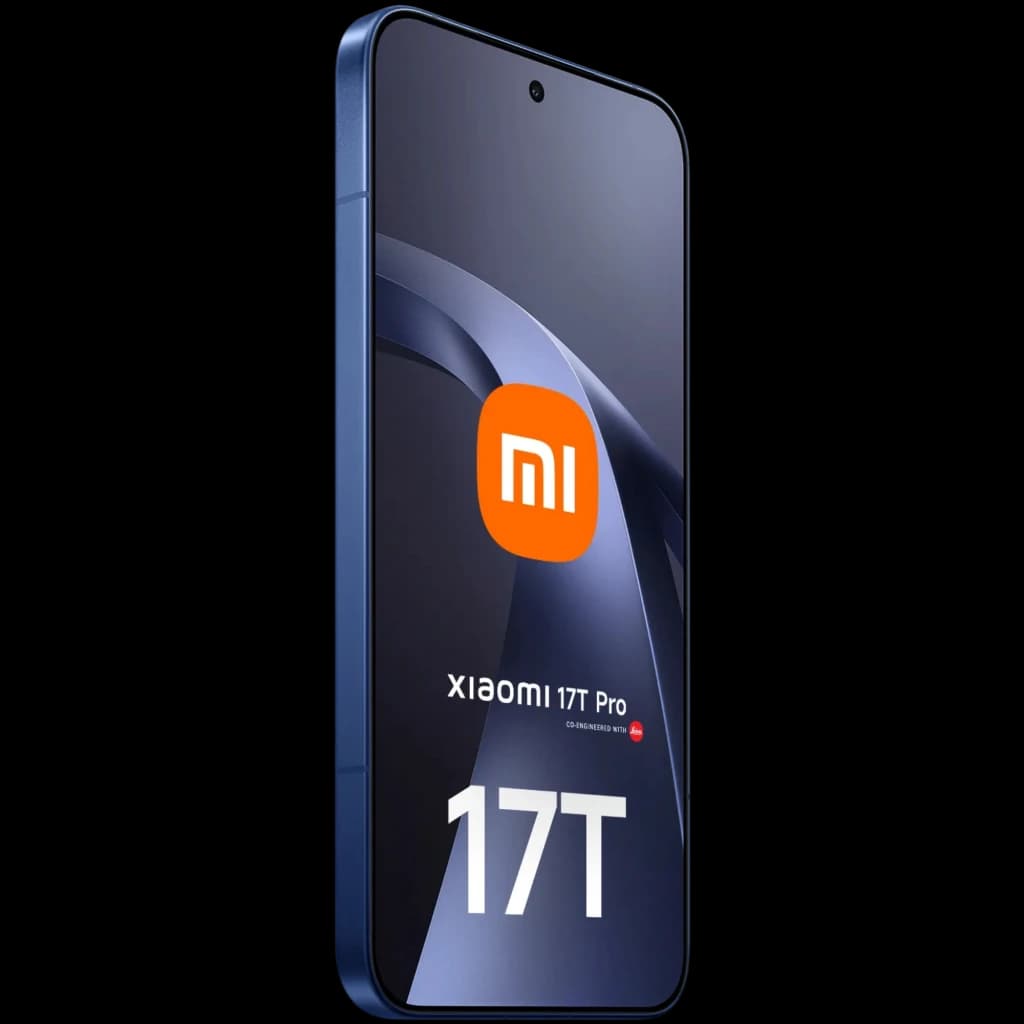 Xiaomi 17T Pro 5G azul con pantalla AMOLED de 6,83 pulgadas, 512 GB y 12 GB de RAM; diseño delgado, bordes curvos y cámara frontal en orificio central