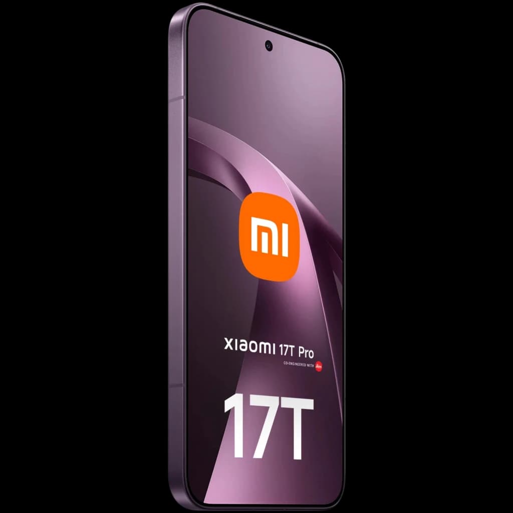 Xiaomi 17T Pro 5G violeta con pantalla frontal sin bordes y agujero centrado, logo MI visible; destaca diseño curvo y acabado metálico brillante