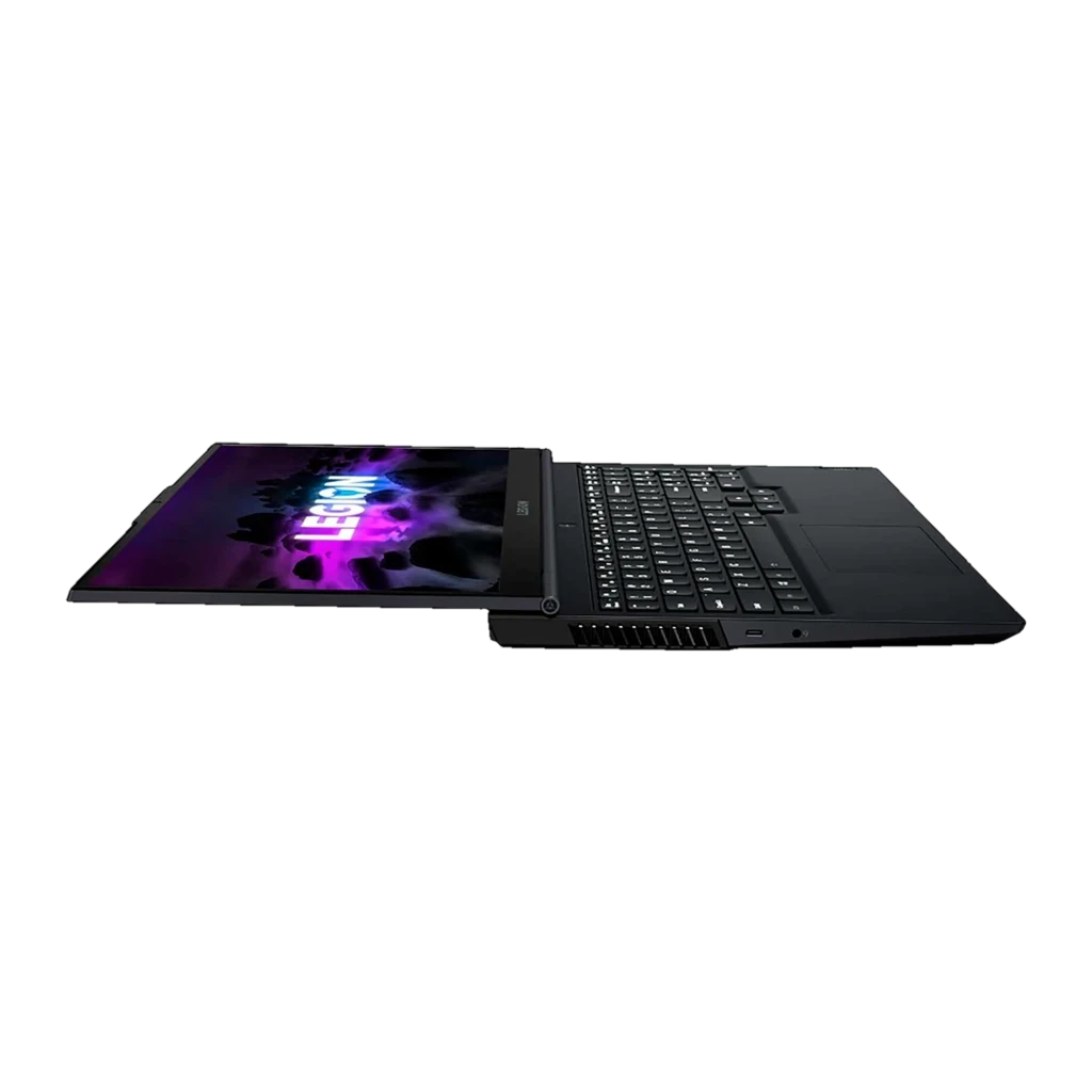 Notebook Lenovo Legion 5 15.6 preto, tela com bordas finas e logo Legion iluminado em roxo e azul, teclado retroiluminado e design gamer robusto - Item4