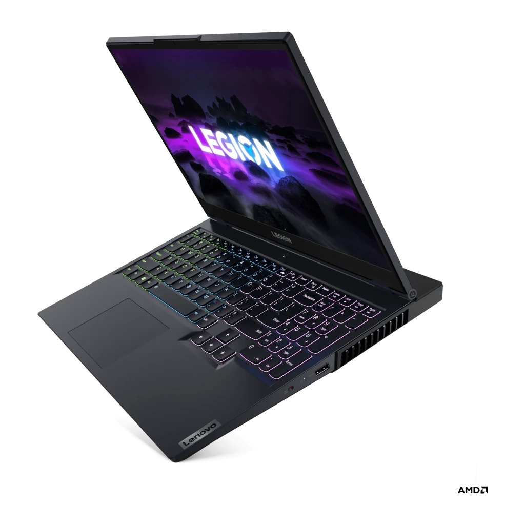 Notebook Lenovo Legion 5 15.6 preto, tela com bordas finas e logo Legion iluminado em roxo e azul, teclado retroiluminado e design gamer robusto - Item1