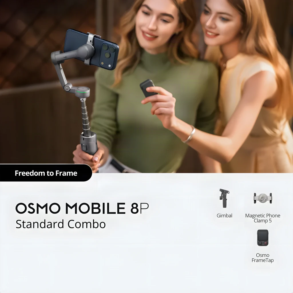Gimbal DJI Osmo Mobile 8P de 3 ejes, plegable, con mango extensible, trípode desmontable y control remoto; puerto USB-C y acabado gris compacto - Ítem1