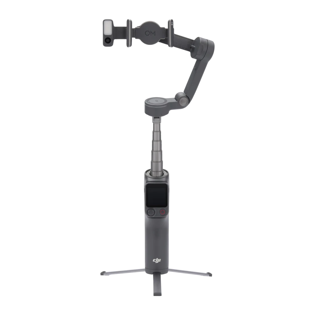 Gimbal DJI Osmo Mobile 8P Creator Combo Noir 0,3kg Pliable 10h, vue avant: trépied, poignée avec écran et lumière LED incluse