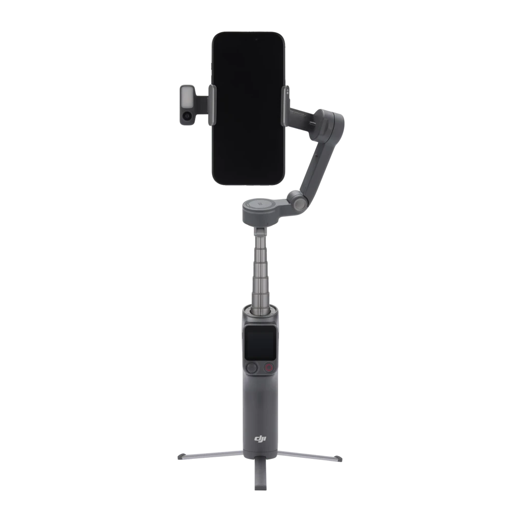 Gimbal DJI Osmo Mobile 8P Creator Combo Noir 0,3kg Pliable 10h, vue avant: déployé avec trépied, smartphone monté et lumière