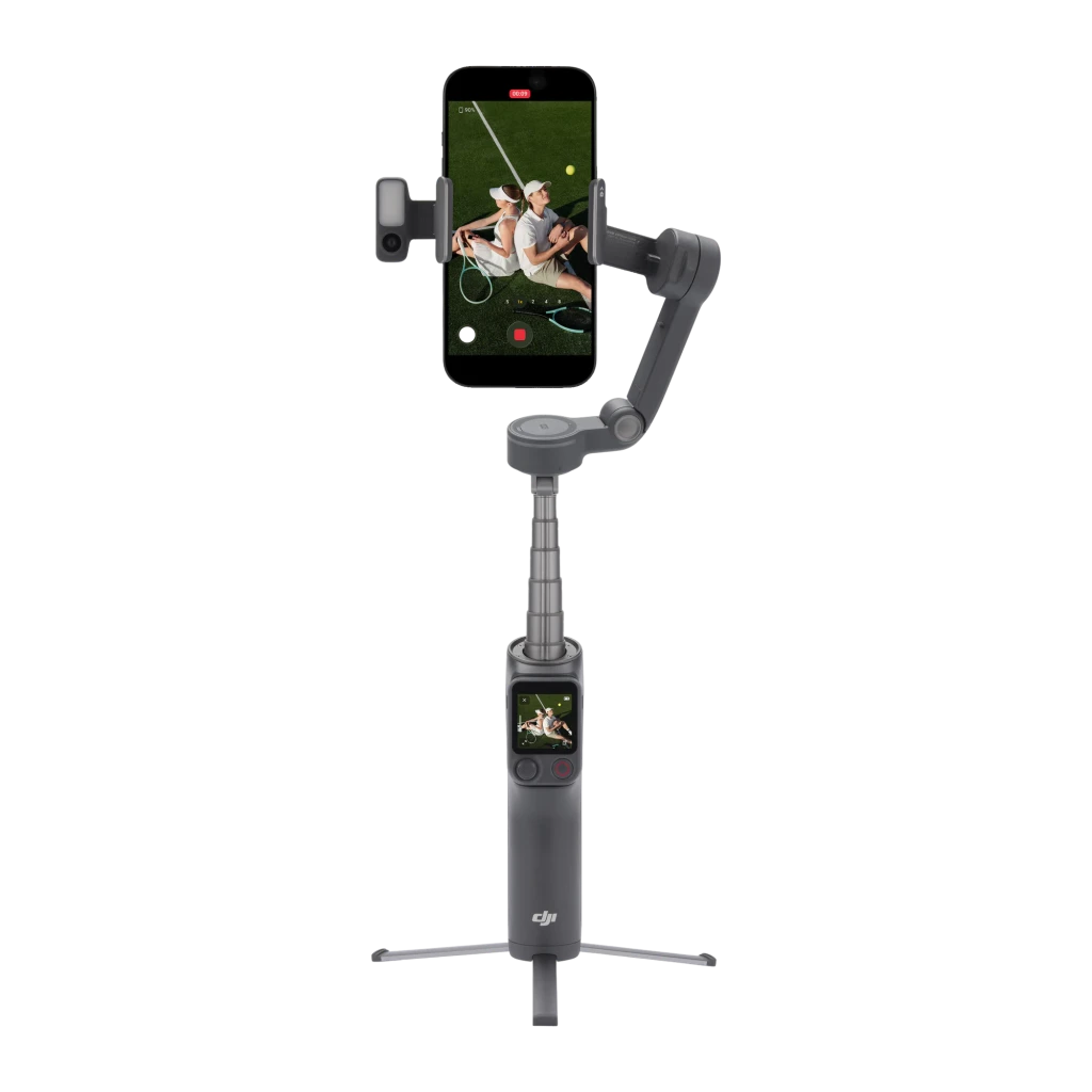 Gimbal DJI Osmo Mobile 8P Creator Combo Noir 0,3kg Pliable 10h, vue avant: smartphone en enregistrement vertical, écran