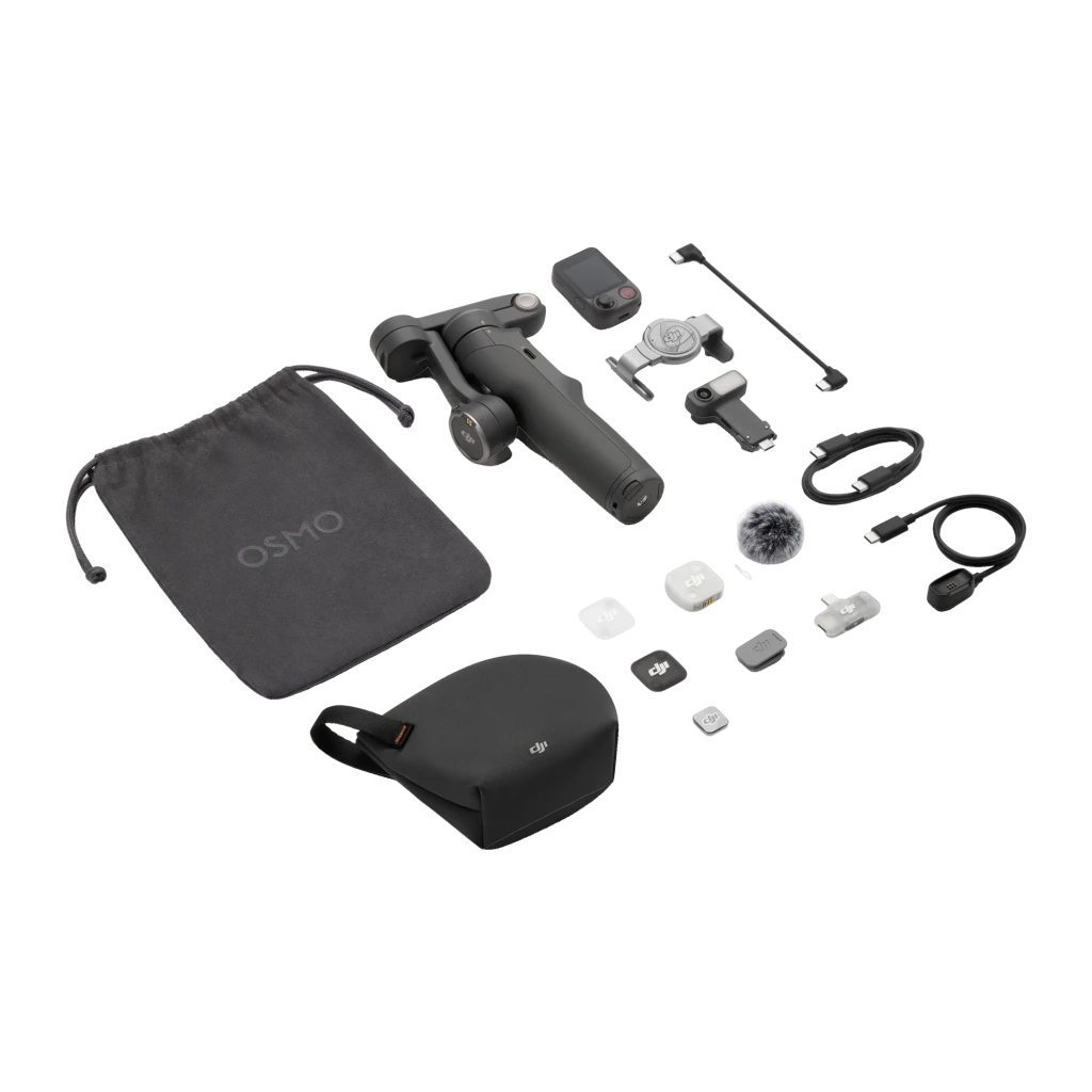 Gimbal DJI Osmo Mobile 8P Creator Combo Noir 0,3kg Pliable 10h, contenu: gimbal, micro, pochette Osmo, housse et accessoires
