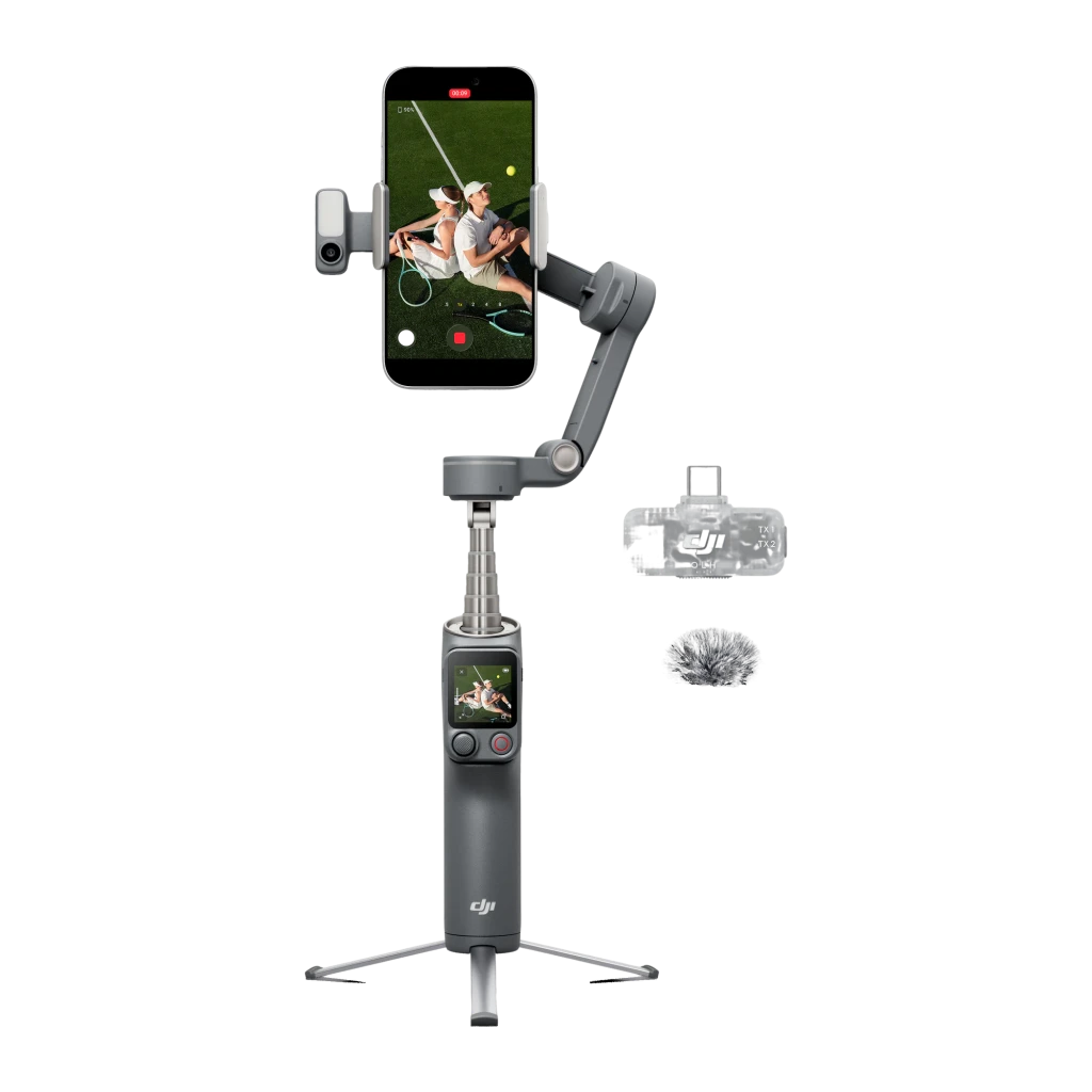 Gimbal DJI Osmo Mobile 8P Creator Combo Noir 0,3kg Pliable 10h, kit complet: gimbal avec trépied, lumière, microphone